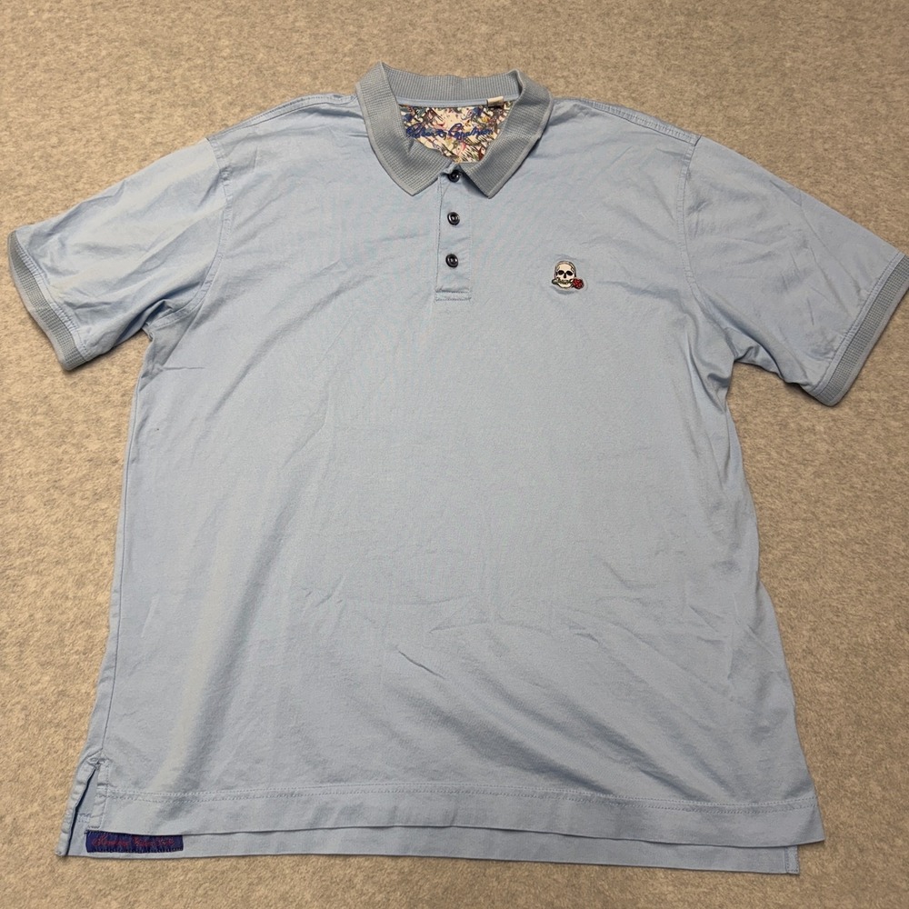 Robert Graham Polo Shirt Mens L Blue Skull Rose Embroidered Cotton Casual Top